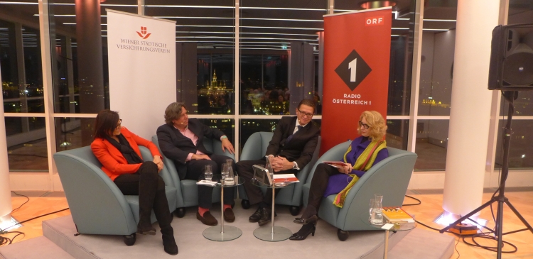 City Science Talk on the issue „You are what you eat”. Involved in the discussion (from left to right) were nutritionist Ingrid Kiefer, cultural scientist Peter Peter, gastroenterologist Ludwig Kramer and Ö1-journalist Elisabeth J. Nöstlinger. © Radio Österreich 1